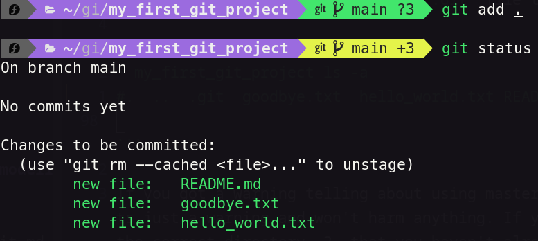  Showing Updated Git Status: Staged files 